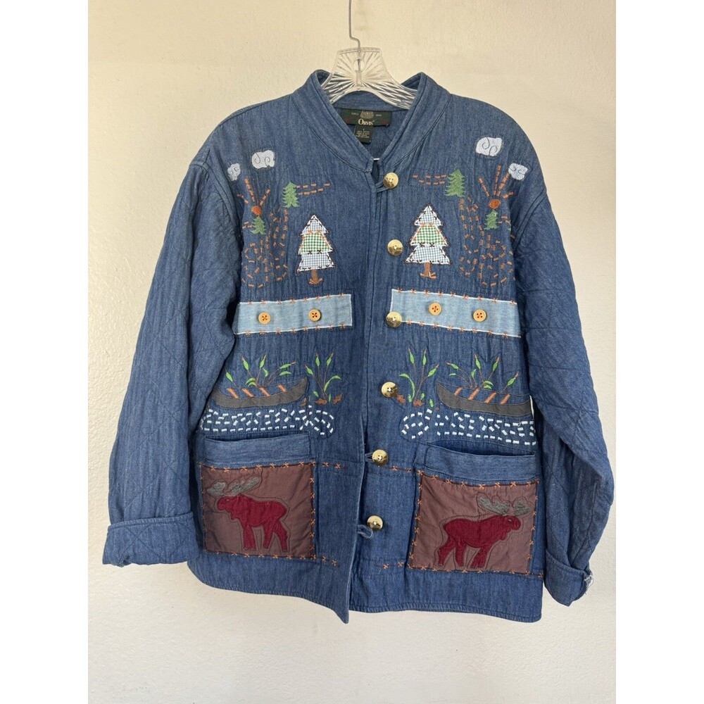 Orvis Womens Quilted Jacket Large Denim Embroidered Cottagecore Cabincore